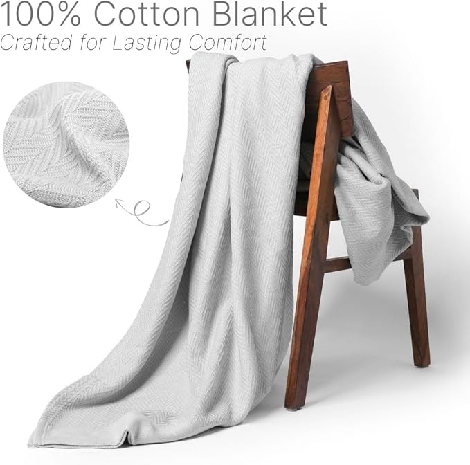 100% Cotton Herringbone Weave Blankets, 108"X90" King,Throw Blanket for Bed,All Season Cotton Blanket, Cozy Blanket,Throws Bed Blanket, Throw Blanket for Couch,Modern Home Decor -Light Grey