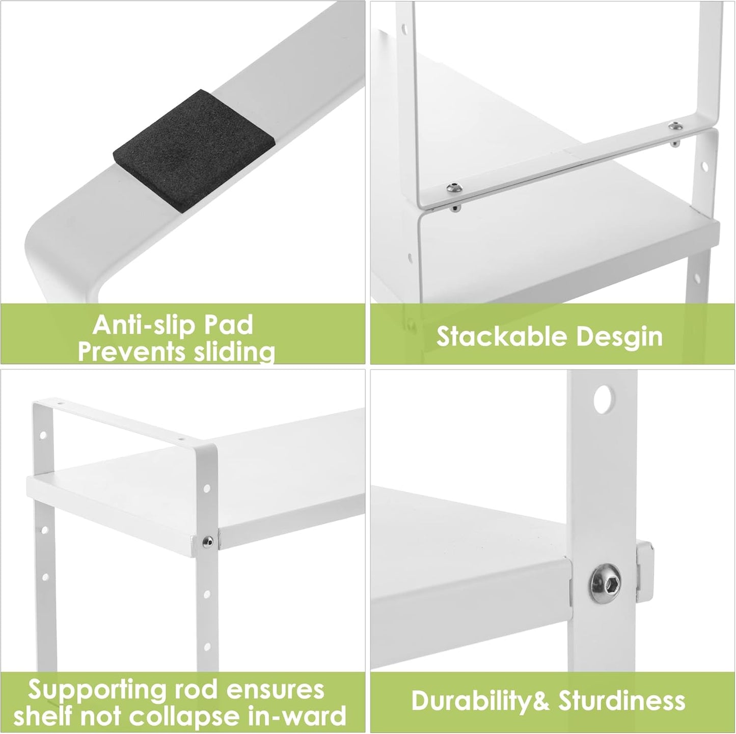 Expandable Cabinet Shelf Organizer Rack, Stackable Kitchen Counter Storage Shelves Stand, Adjustable Height Pantry Shelf Spice Rack (White, 2 Pack)