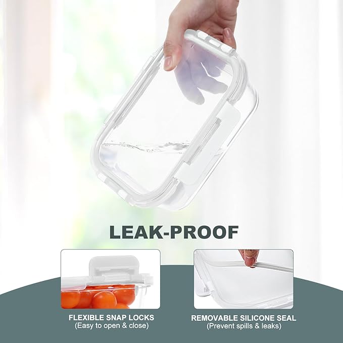 10 Pack Glass Food Storage Containers, Meal Prep Containers with Lids, Airtight Glass Lunch Boxes, Freezer, Oven, and Microwave Safe, White