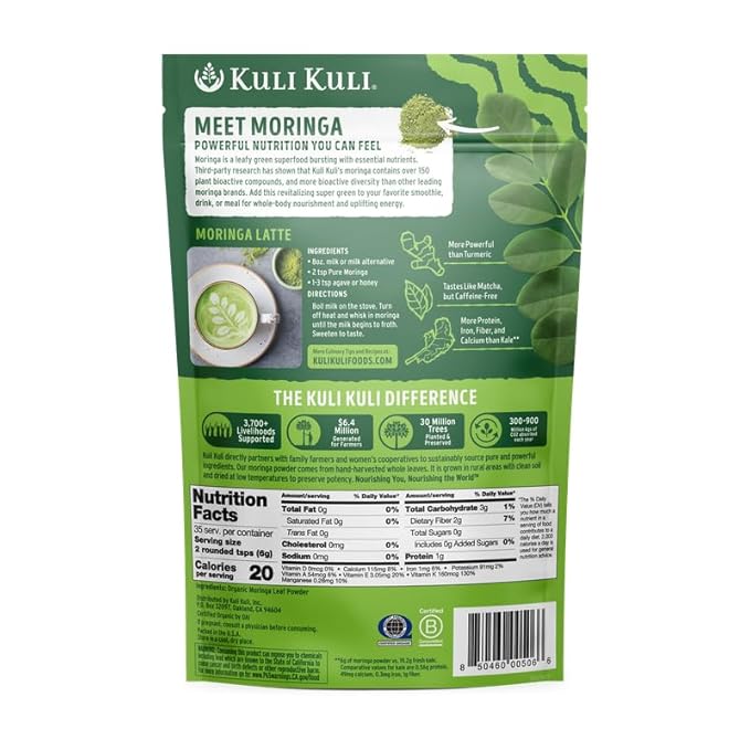 Kuli Kuli Moringa Oleifera Organic Leaf Powder & Green Smoothie, 100% Pure USDA Certified & Non-GMO Moringa Powder, Great with Smoothies, Tea, and Food, 2 Pack