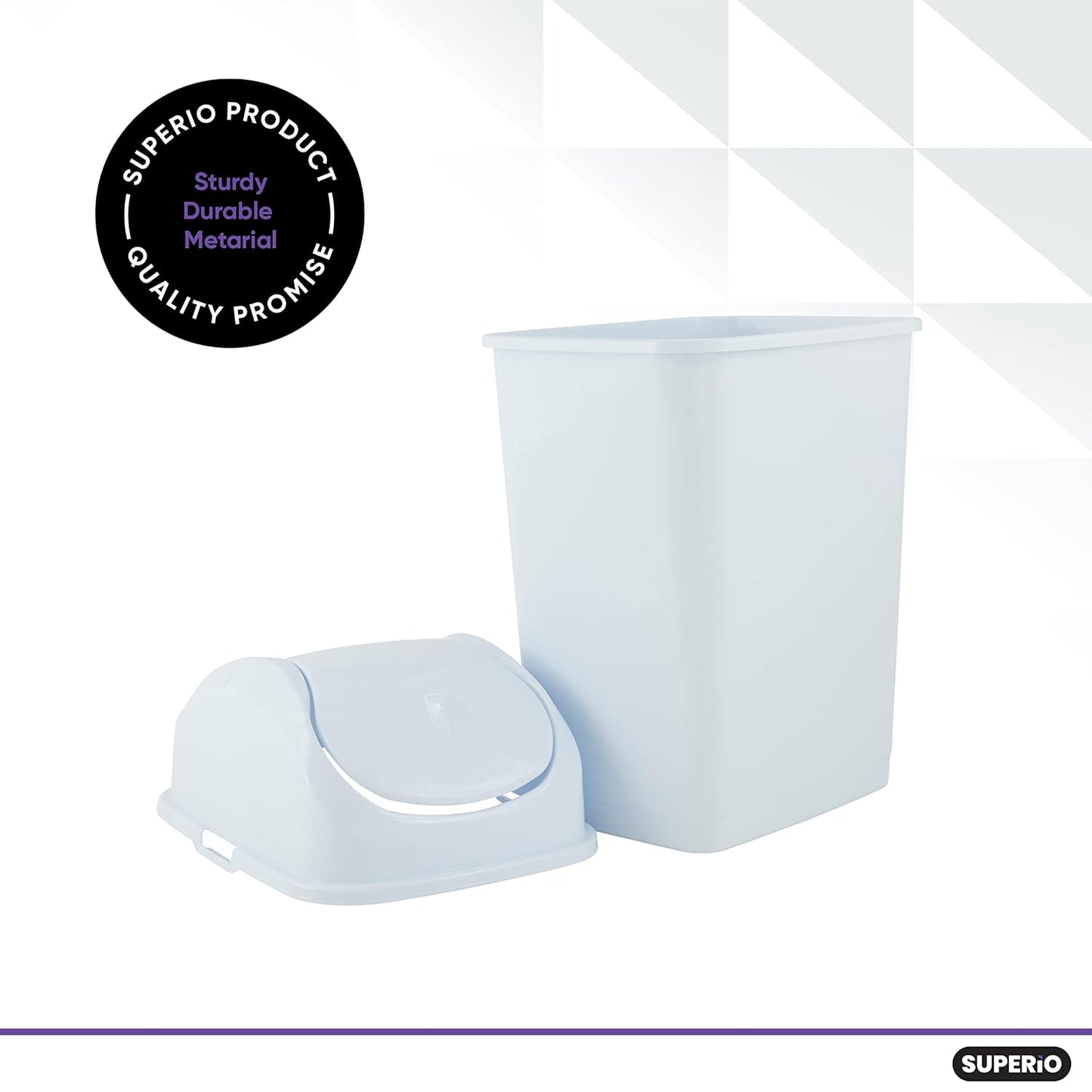 Superio Small Plastic Trash Can with Swing Top Lid, Compact Slim Waste Bin for Under Desk, Office, Bedroom, Bathroom, Dorm Room, 10 Qt. Portable Garbage Can 2.5 Gallon (White, 2 Pack)