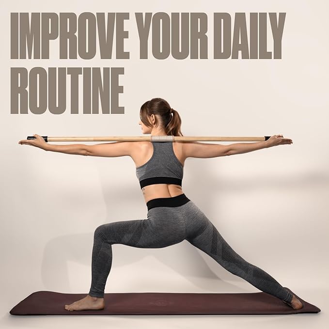 SportBit Bamboo Yoga Stick with Neck Pillow - Collapsible and Portable 5.1FT Mobility Stick and Exercise Stick - Fully Adjustable Yoga Accessories Perfect for Stretching, Posture Correction, Balance