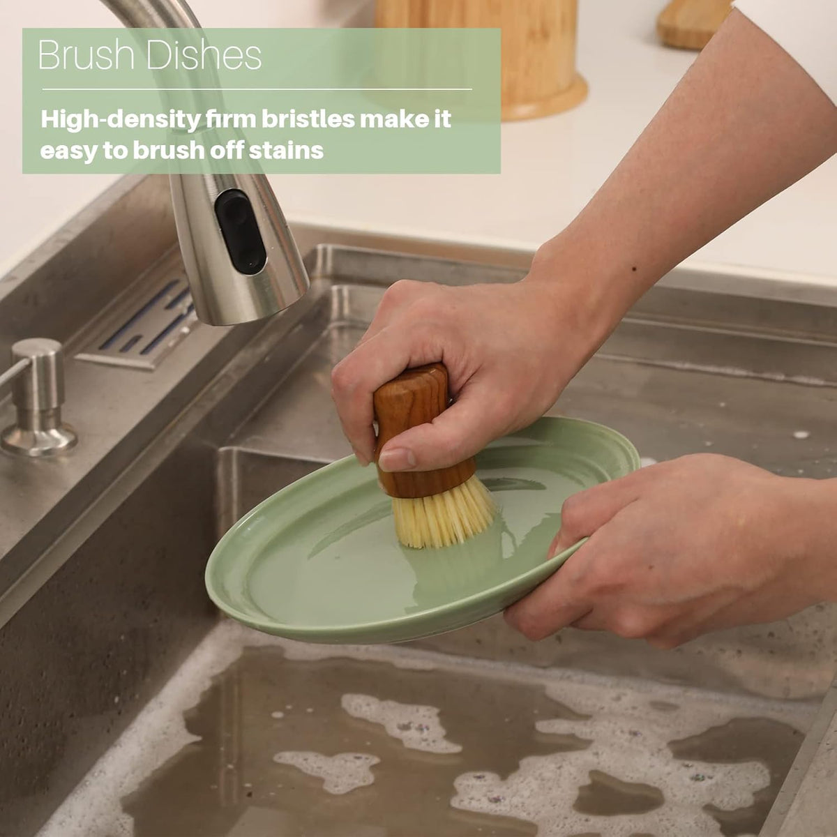 Teak Dish Scrub Brush 3PCS by HTB, Good Grip Small Wooden Dish Brush with Teak Handle & Sisal Bristles for Kitchen, Wood Cleaning Scrubbers Set for Washing Pan/Pot/Vegetable/Fruit