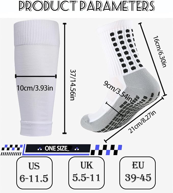 KMOLY 1 Set Soccer Grip Socks,Shin Guard Sleeves for Football Basketball for Men and Women Black/White One Size