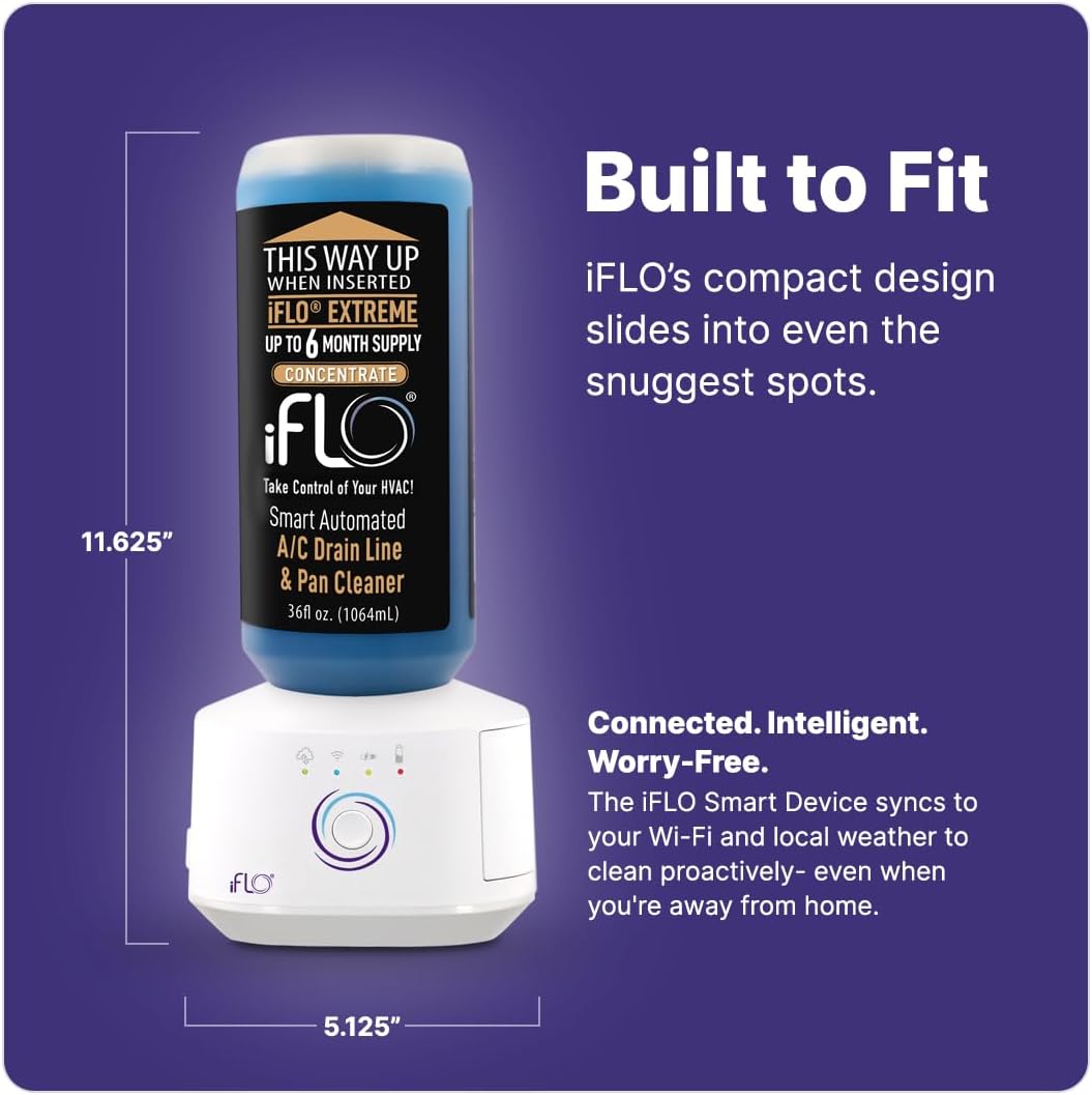iFLO® Smart A/C Drain Line Cleaner and Drain Pan Cleaner Cartridge Concentrate, Fast-Acting, Long-Lasting HVAC System Solution for Tough Clogs & Buildup, 6-Month Supply per Bottle, 1 Pack of 36oz