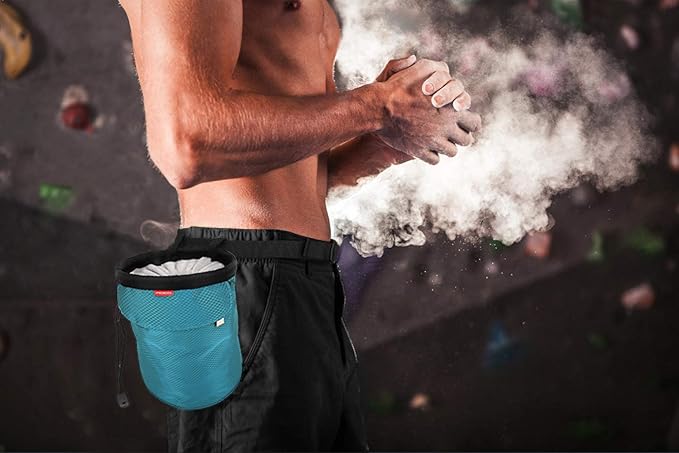 MoKo Rock Climbing Chalk Bag, Bouldering Chalk Pot Bucket with Adjustable Belt & Carabiner Drawstring Climbing Gear