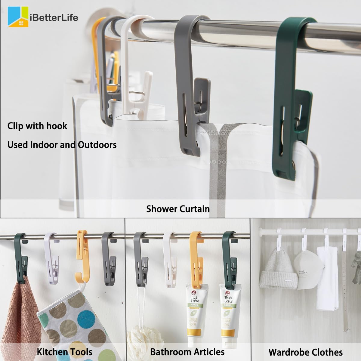 iBetterLife Clothes Pins Heavy Duty Outdoor - 4 Pcs Large Laundry Hook Hangers with Clips Closet Organizer Clamps Hanging Socks Boot Bras Towels Shower Pegs for Bathroom Wardrobe Kitchen Office, Black