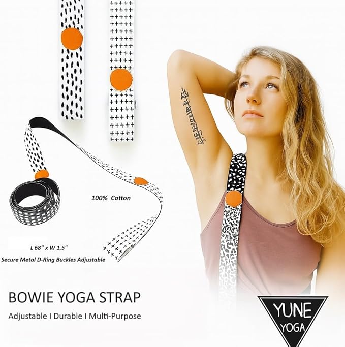 Yune Yoga Bowie Yoga Strap – 68" 100% Cotton Stretching & Carrying Strap with Metal D-Ring – Yoga Accessory for Pilates, Flexibility & Home Practice