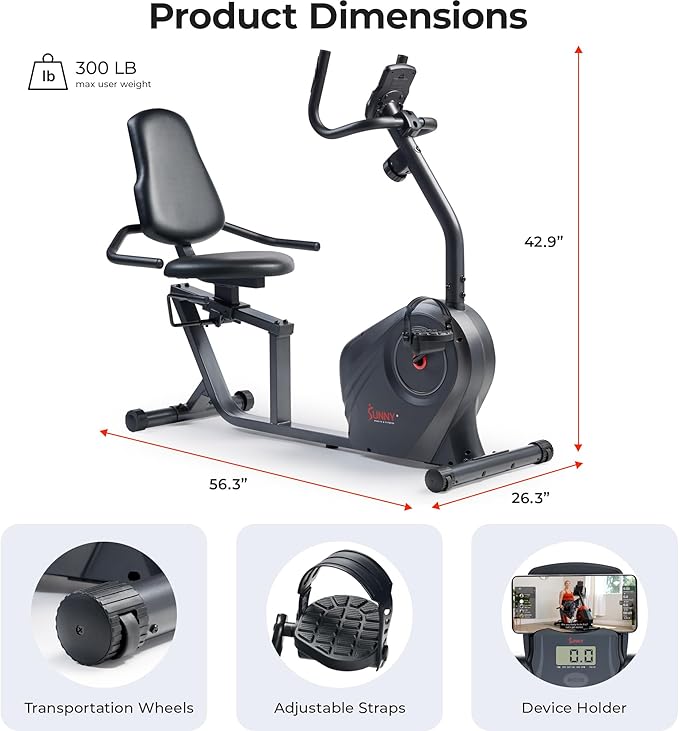 Sunny Health & Fitness Smart Heavy-Duty Recumbent Bike w/Wide Cushioned Seat & Back, Indoor Cycling Machine for Adult/Seniors Home Exercise, Free SunnyFit App Connect, Optional Workout Training Bands