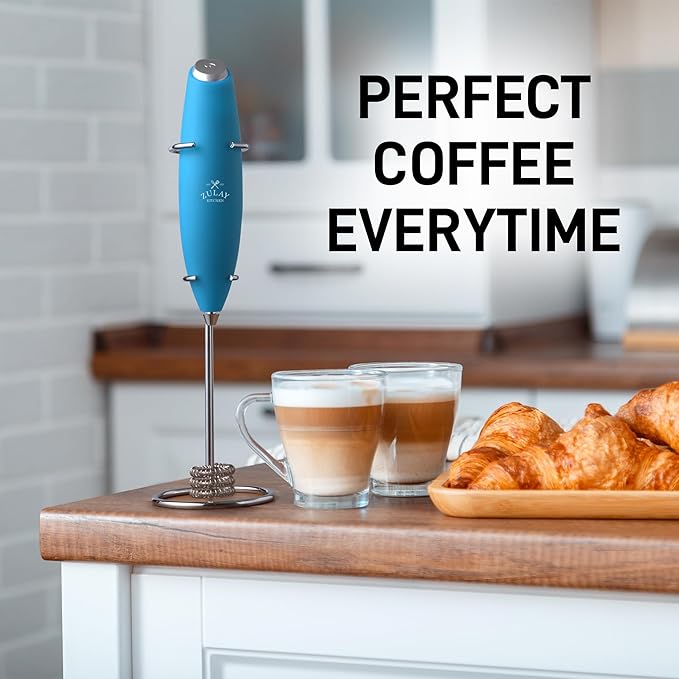 Zulay Kitchen Tornado Whisk Milk Frother with 4 AA Duracell Batteries - Triple Whisk for More Power - Handheld Coffee Frother with Stand - Drink Mixer for Lattes, Matcha & Protein Shakes