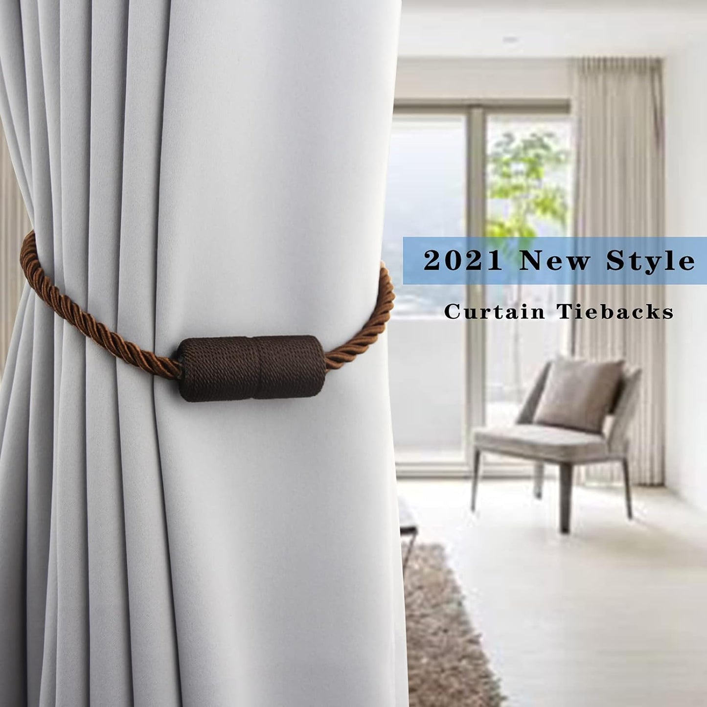 4 Pack Strong Magnetic Curtain Tiebacks Outdoor Elegant Decorative Tie Backs Modern Rope Tiebacks for Drapes Window Curtain Holdbacks for Draperies- Coffee