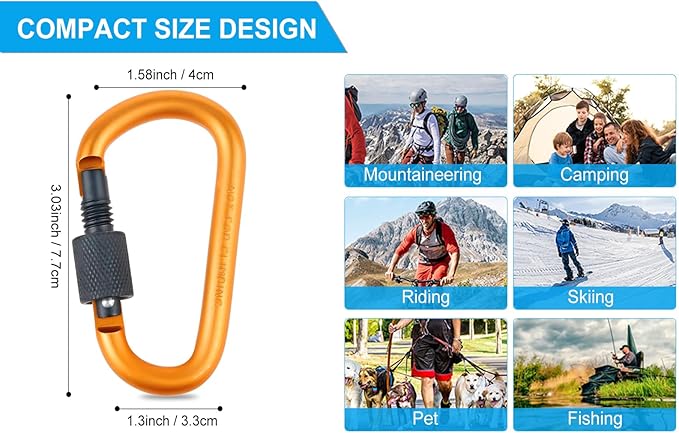 10 Pack Aluminum D Ring Key Rings Hiking Clips Locking Carabiner for Hiking Camping Fishing and Outdoor Use,Clips with Screw Gate Multicolored
