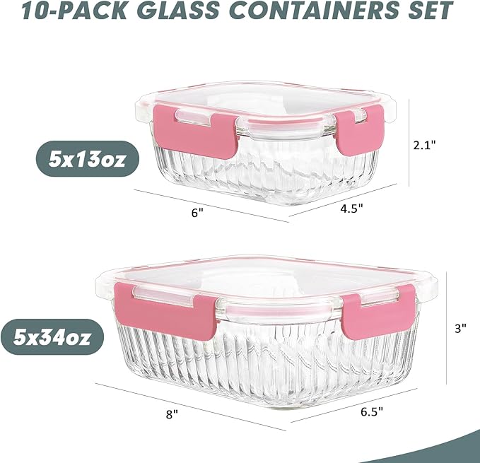 10 Packs Glass Meal Prep Containers with Lids, Glass Food Storage Containers Set, Airtight Lunch Containers, Microwave, Oven, Freezer and Dishwasher Safe, Pink