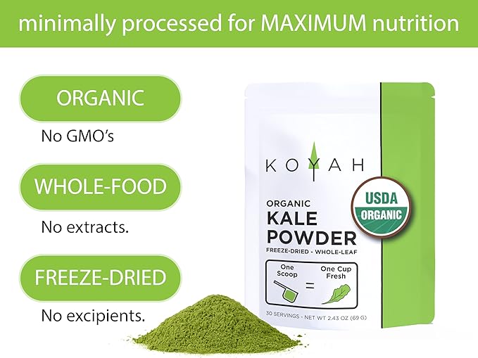 KOYAH - Organic USA Kale Powder (Equivalent to 30 Cups Fresh): Freeze-dried, Whole-Leaf Powder