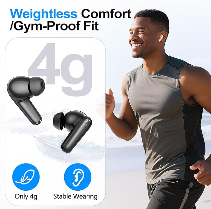 kurdene Wireless Ear Buds Bluetooth 5.4 Headphones 60H Playtime Deep Bass Stereo Earbuds with Mic Comfort Lightweight in Ear Earphones for Workout/Running Black
