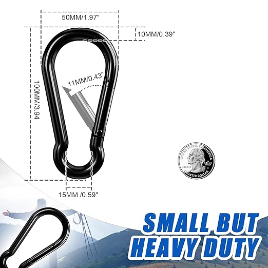 KINLINK 4 Pack Black Carabiner Clip, 4 inch Heavy Duty Spring Snap Hook, Caribeener Clips for Outdoor Camping, Swing Set, Hammock, Hiking Travel, Fishing, Weight Lifting Machine
