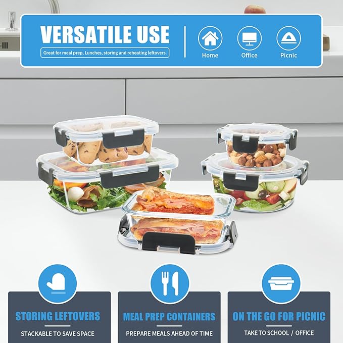 12 Pack Glass Food Storage Containers with Airtight Lids for Meal Prep, Leftover, BPA-Free, Leak-Proof, Freezer to Microwave Safe (12 Lids & 12 Containers)