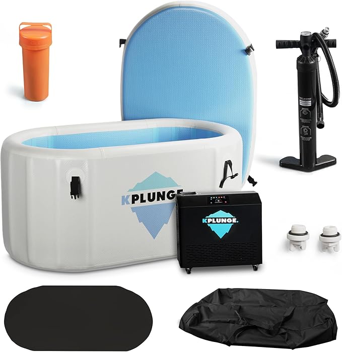 Kodiak 59" 1-Person Inflatable Cold Plunge Ice Bath or Hot Tub with 3/4 HP Chiller and Heater, PVC Insulated Lid, Hand Pump, Repair Kit, 110-Gallon Capacity, Indoor/Outdoor Tub β Gray