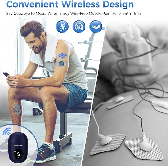 KingPavonini Wireless TENS Unit, Muscle Stimulator for Pain Relief, Portable Rechargable TENS EMS Machine, LED Screen, Remote, Dual Channel 6 Modes 16 Intensity Massager, Charging Case (4 Pads)