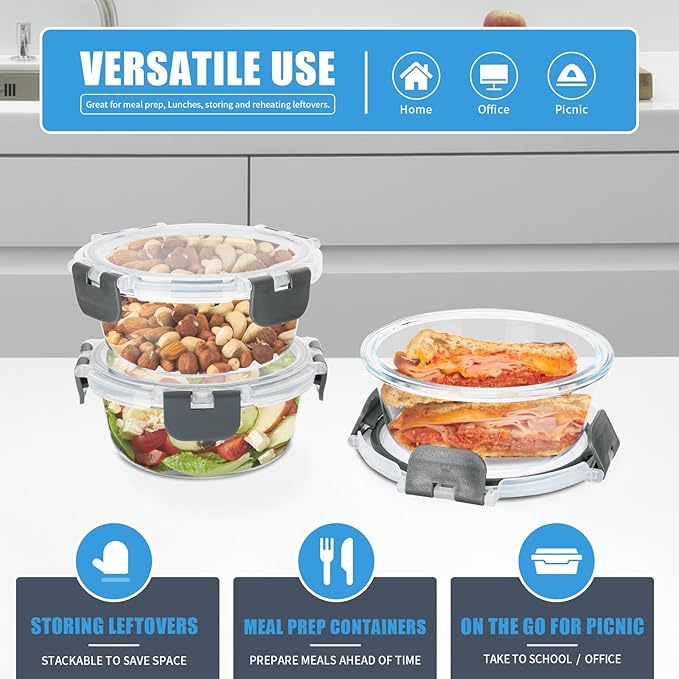 12 Pack Small Glass Food Storage Containers with Lids Airtight, 13oz Leak-Proof Meal Prep Containers Set, Freezer to Microwave Safe, Dishwasher Safe