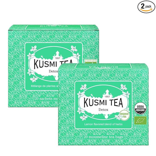 Kusmi Tea - Pack of 2 Boxes of Tea Bags - Detox - Organic Blend of Green Tea, Mate & Lemon - Lemongrass, Rose Hip and Lemon Flavours - Enjoy Hot or Iced - 2x20 Tea Bags