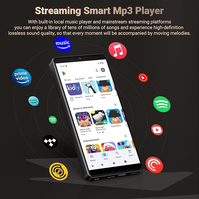 128GB MP3 Player with Bluetooth and WiFi, Android 13.0, 5.5" HD Touchscreen, 13MP Camera, Preloaded Spotify, Pandora, 1TB Expandable & Parental Controls Black