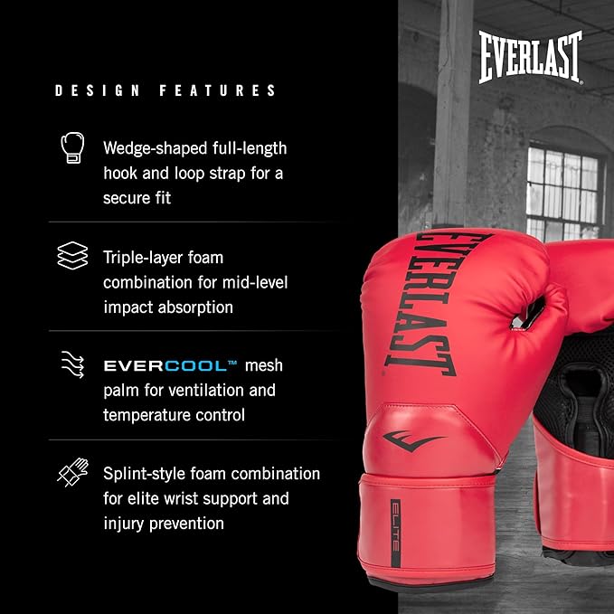 Everlast Elite 2 Boxing Gloves, Pro Training Gloves for Men and Women, Secure Fit Hook and Loop Closure & Ventilation, Heavy Bag & Speedbag Training.