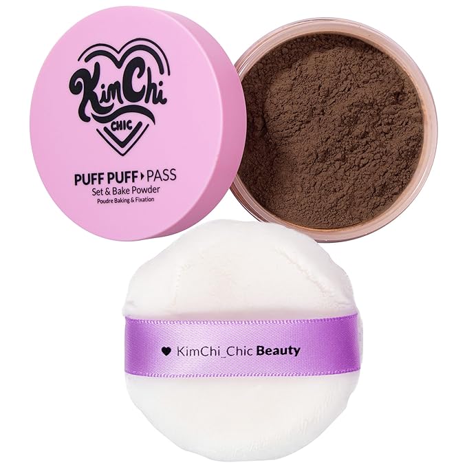 Kimchi Chic Beauty Puff Puff Pass Set and Bake Setting Powder for Makeup, Extra Fluffy Loose Face Powder Poof, Soft Natural Face Makeup for Uneven Skin Tone, 08 Chocolate