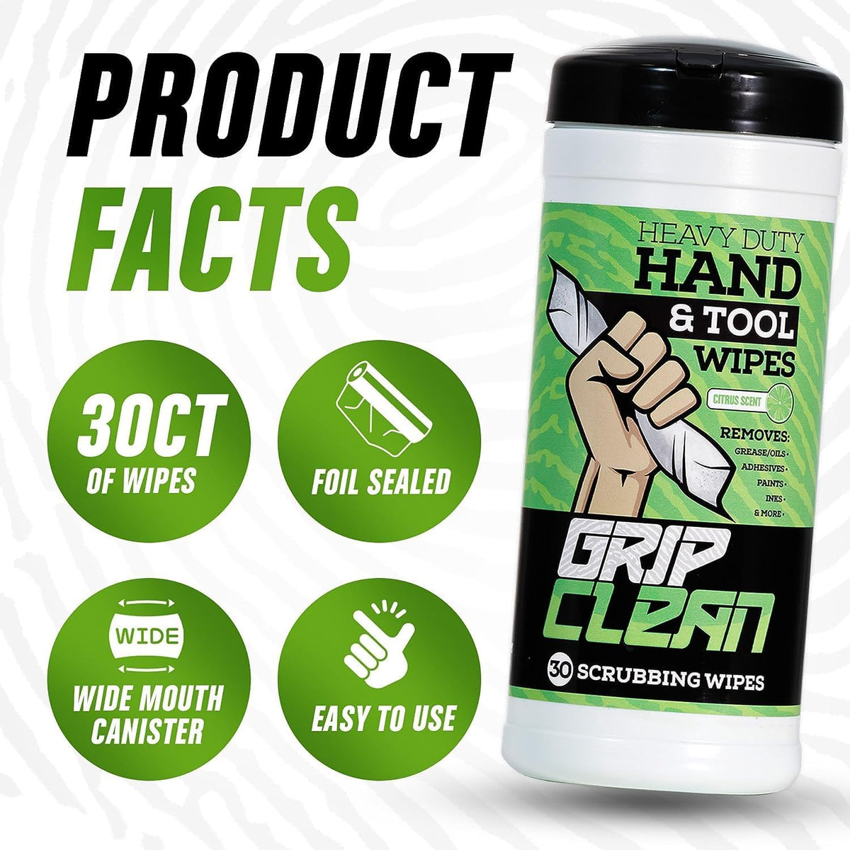 Grip Clean Heavy Duty Hand & Tool Cleaning Wipes β Waterless Hand Cleaner for Mechanics, Garage & Shop Use β Dual-Sided Grease, Oil & Paint Remover Wipes with Citrus Scent - 72ct