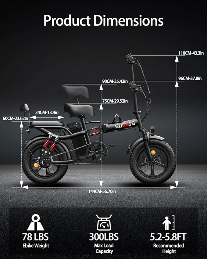 2 Seater Electric Bike for Adults,Mini Bike 500/750 Motor,28MPH,48V/15AH Removable Battery,25-30Miles 16" Fat Tire Commuter Ebike,Full Suspension Foldable Electric Bicycles for Adults Teens