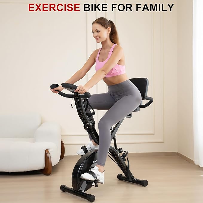 BARWING Stationary Exercise Bike for Home Workout, 5 IN 1 Foldable Indoor Cycling Bike for Seniors, 350LB Capacity, 16-Level Magnetic Resistance, Seat Backrest Adjustments