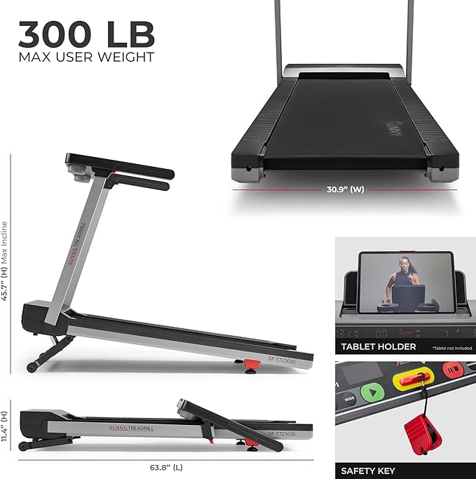 Sunny Health & Fitness Fully Assembled OneClick-Fold 20" Smart Treadmill with Auto Incline & SunnyFit App