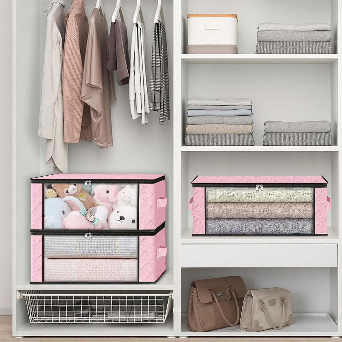 HomeHacks Storage 8-Pack Clothes Organizer Storage Bags Foldable Storage Box with Large Clear Window Sturdy Handles for Closet, Dorm, Pillows, Bedding, Clothes, Blankets, 35L, Pink
