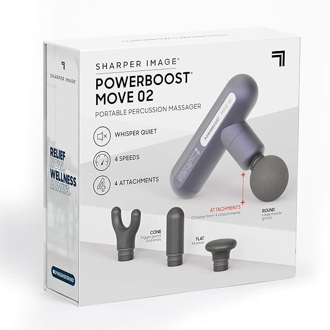 Sharper Image Powerboost Move 2.0 - Mini Percussion Massage Gun| 4 Attachments, 4 Speeds| Portable Full Body Back & Shoulder Massager| Muscle Recovery & Pain Relief| Deep Tissue Massage Tool Gift