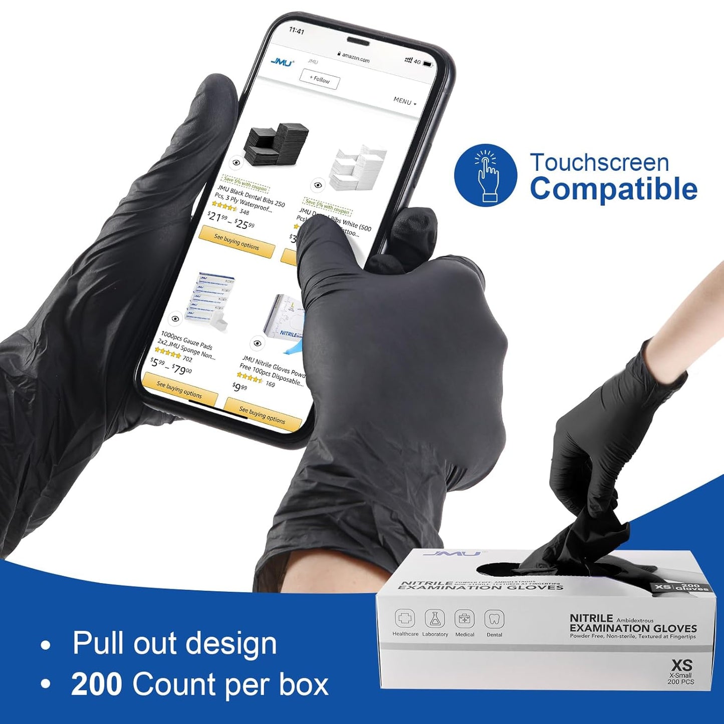 JMU Medical Nitrile Exam Gloves XL, 2000 Count, 3.5Mil Disposable Black Nitrile Gloves Latex Free Powder Free