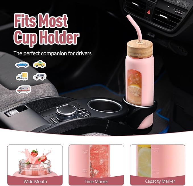 Kodrine Water Bottle with Straw, 24 oz Glass water Bottle with 2 Lids Bamboo Straw Lid and Spout Lid with Handle, 32 oz Clear Water Bottle Glass for Sports Travel, Waterbottle with Time Marker