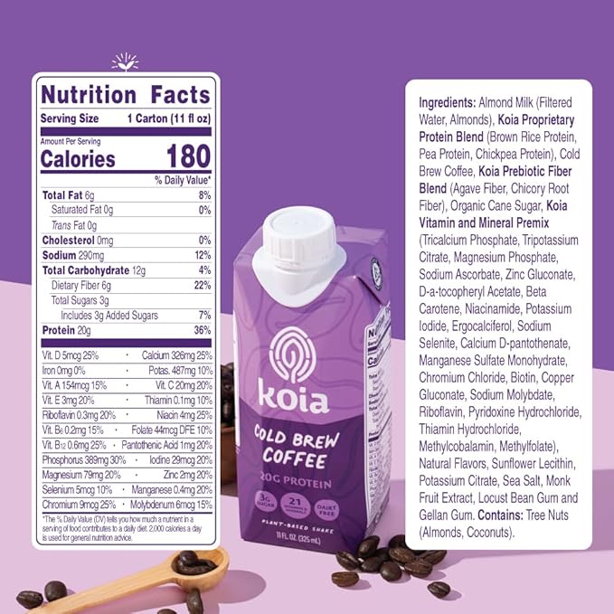 Koia Plant Based Protein Shake, Cold Brew Coffee, 20g Protein, 3g Sugar, 6g Prebiotic Fiber, 21 Vitamins & Minerals, Meal Replacement Drinks, Dairy-Free, Gluten-Free, Non-GMO, 11 Fl Oz (Pack of 12)