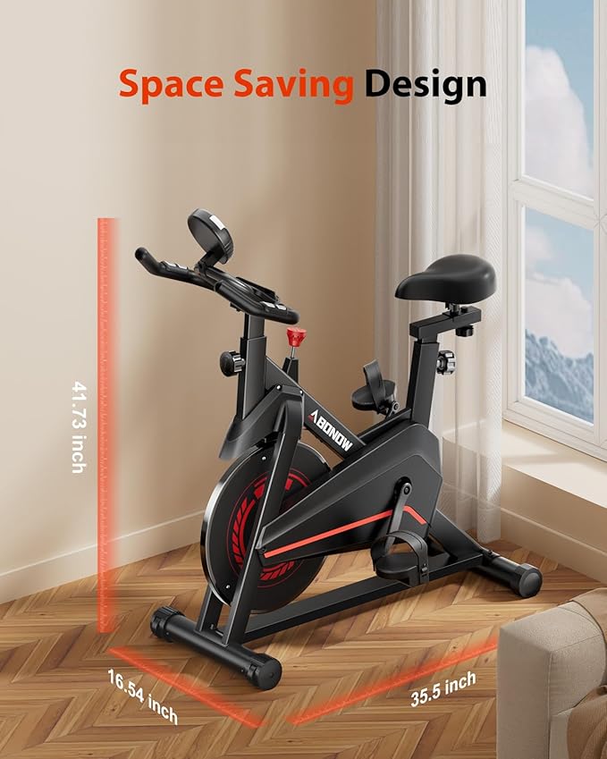 Exercise Bike, Brake Pad Stationary Bikes for Home with App Compatible, Low Noise Indoor Cycling Bike, 300lbs Capacity Compact Workout Bike with Tablet Mount & Extra Comfort Seat