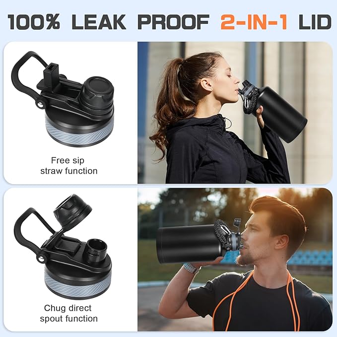 1 Gallon Water Bottle Insulated, Leak Proof 128 oz Stainless Steel Water Jug with Straw/Spout 2-in-1 Lid, Sleeve, Paracord Handle, Silicone Boot, One Gal Metal Canteen for Gym Sports Camping