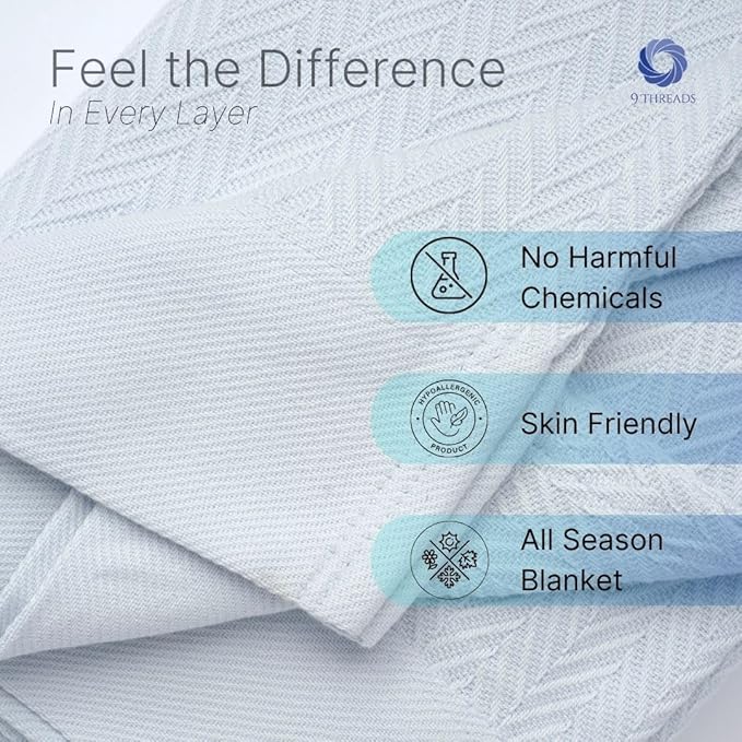 100% Cotton Herringbone Weave Blankets, 90"X90" Queen, Throw Blanket for Bed,All Season Cotton Blanket, Cozy Blanket,Throws Bed Blanket,Throw Blanket for Couch,Modern Home Decor -Light Blue