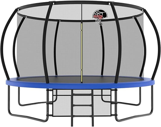 10 12 14 15 16FT Outdoor Trampolines for Kids and Adults, Pumpkin Trampoline with Curved Poles, Recreational Trampoline with Basketball Hoop and Safety Enclosure Net for Kids and Adults