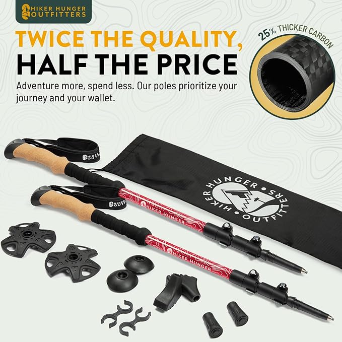 100% Carbon Fiber Trekking Poles by USA Brand - Ultra Strong Lightweight Collapsible Hiking Poles with Cork and EVA Foam Grips & Quick Adjustable Flip Locks