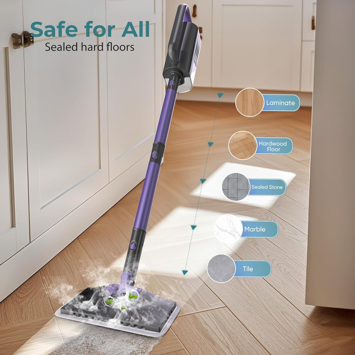 Steam Mop, Steam Cleaner with Large-Capacity Water Tank, 2 Washable Pads, 23FT Power Cable floor steamer, Detachable Steam Mops for Floor Cleaning (Dark Purple)