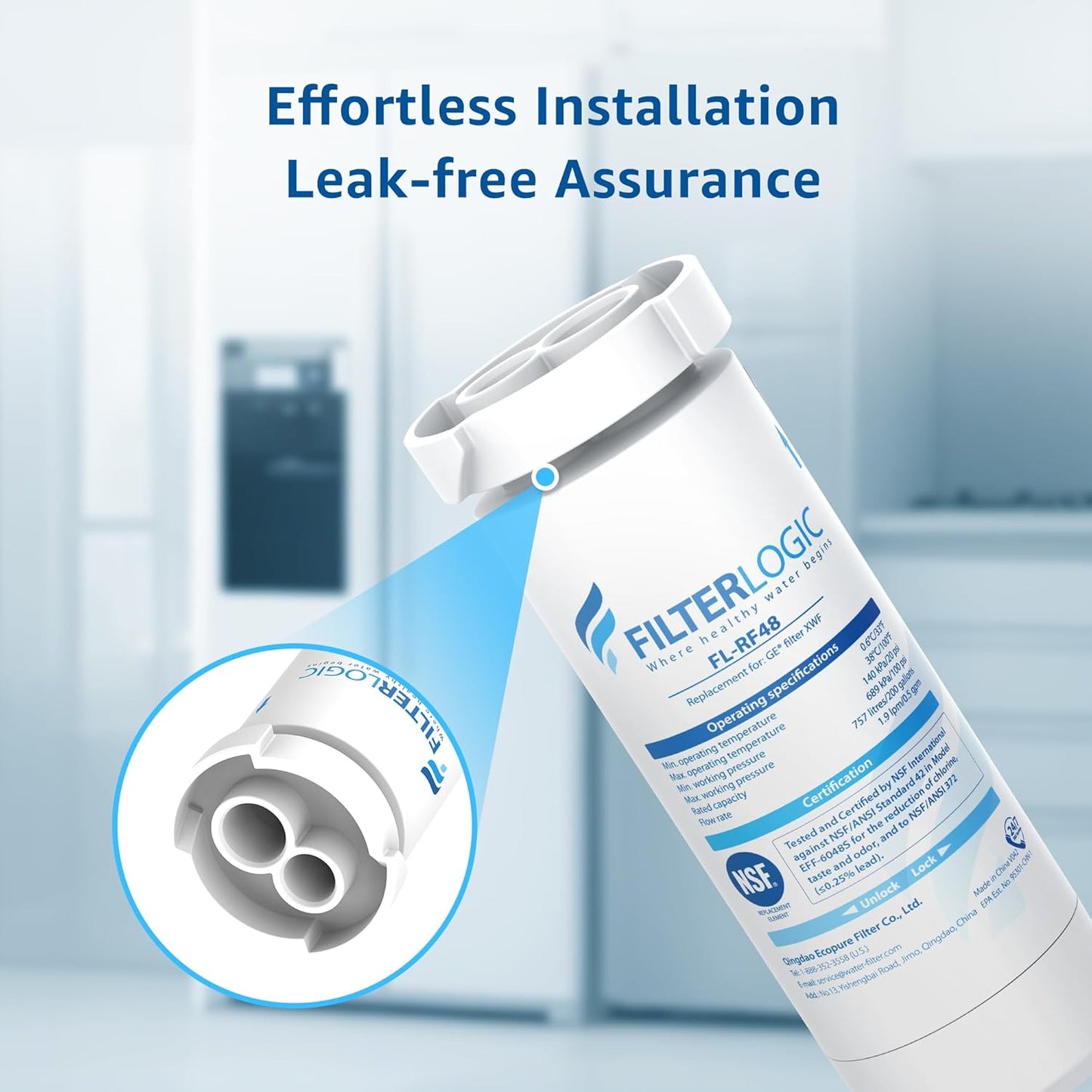 Filterlogic FL-RF48 Replacement for GE® XWF, NSF Certified Refrigerator Water Filter, 3 Filters(Not XWFE®)