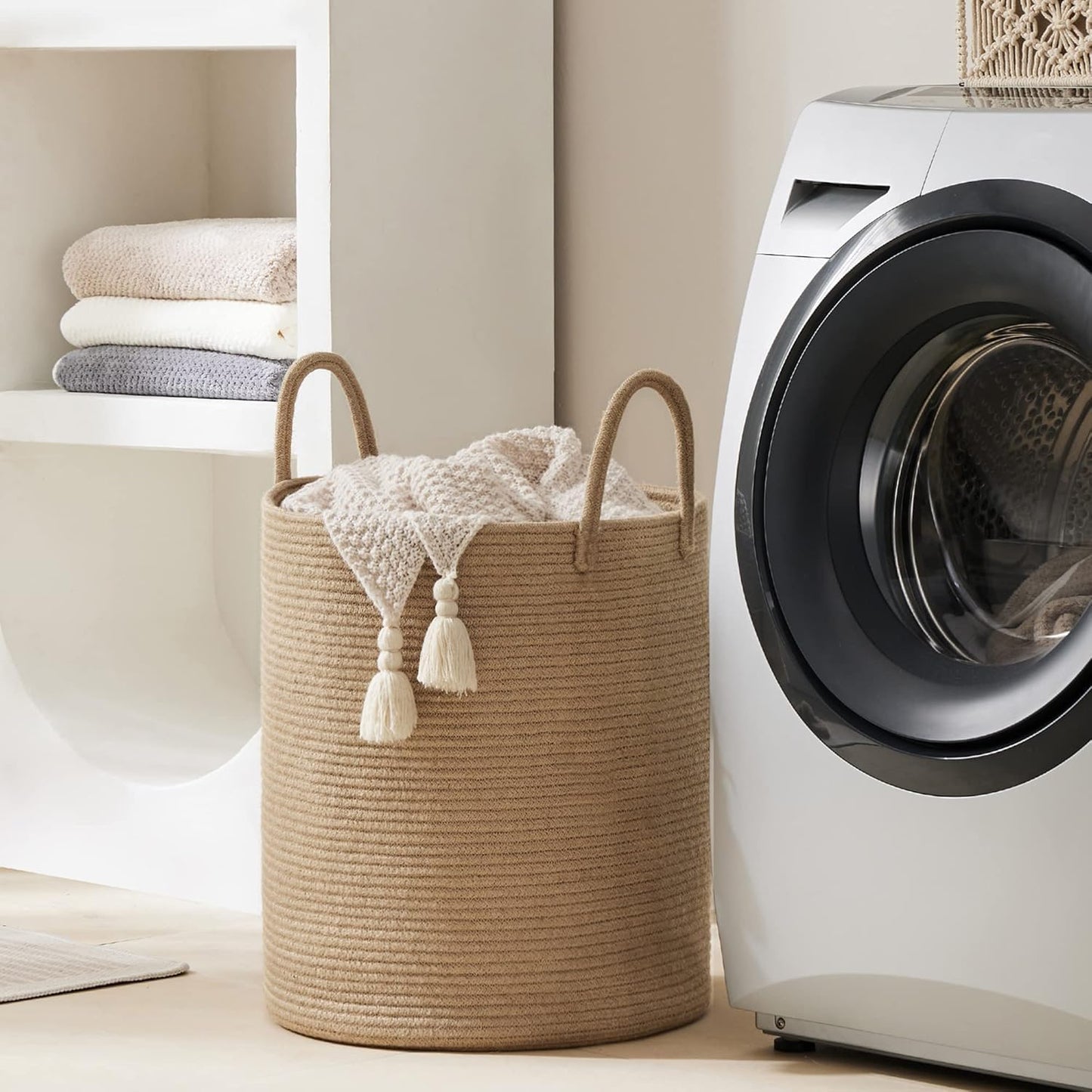 Jute Rope Woven Laundry Hamper Basket by YOUDENOVA, 72L Tall Luandry Basket, Baby Nursery Hamper for Blanket Storage in Bedroom-Large-Jute