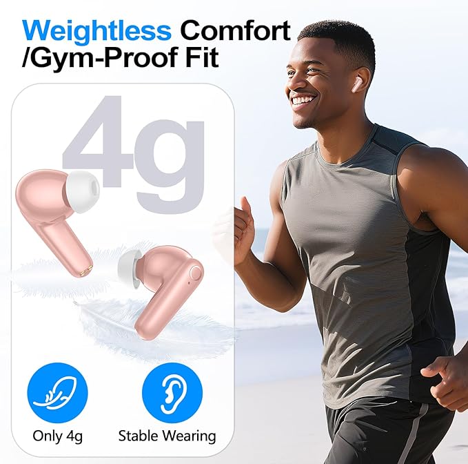 kurdene Wireless Earbuds Bluetooth 5.4 Headphones 60H Playtime Deep Bass Stereo Ear Buds with Mic Comfort Lightweight in Ear Earphones for Workout/Running Pink