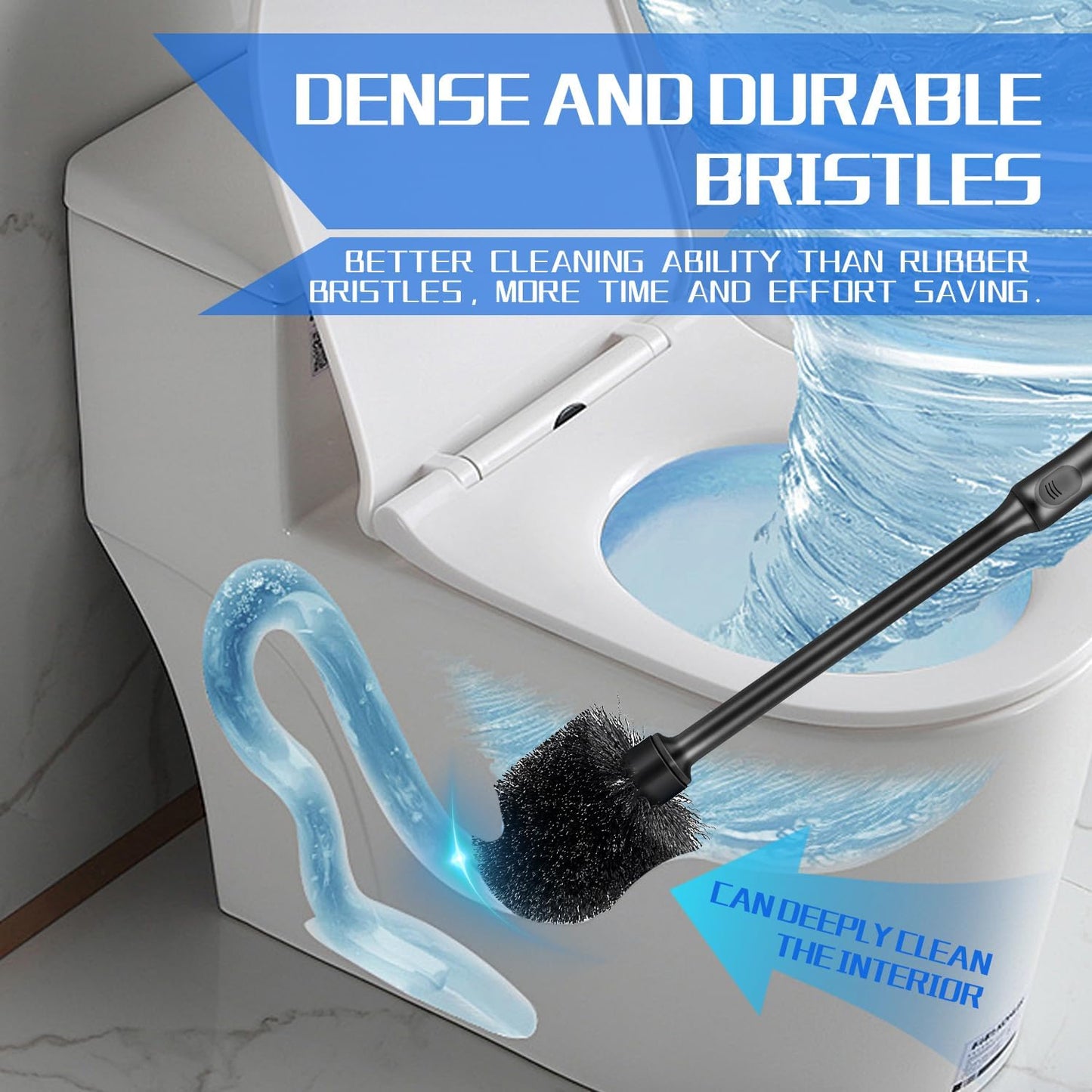 Toilet Brush and Holder 2 Pack with Long Handle - Non-Slip Grip Toilet Bowl Brush Set for Deep Cleaning Bathroom, Toilet Scrubber- Black