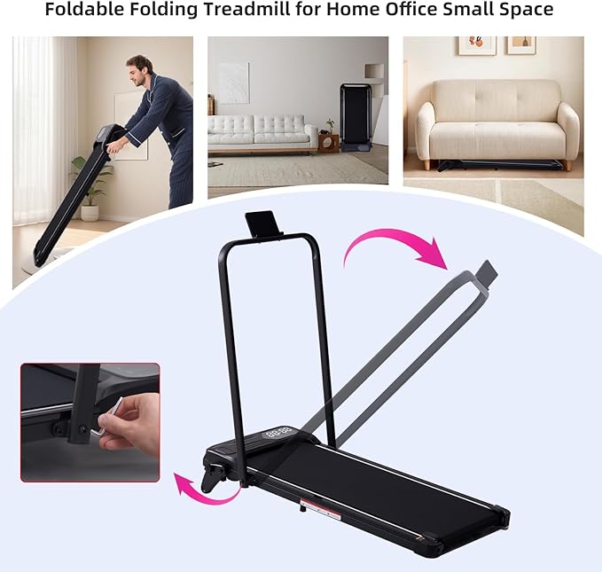 Electric Walking Pad Treadmill with Adjustable Incline and Handle Bar, 3.5HP Small PortableTreadmills for Home Office Small, 4 in 1 Folding Foldable Treadmill with Handles, 0.6-7.6MPH, 350LBS