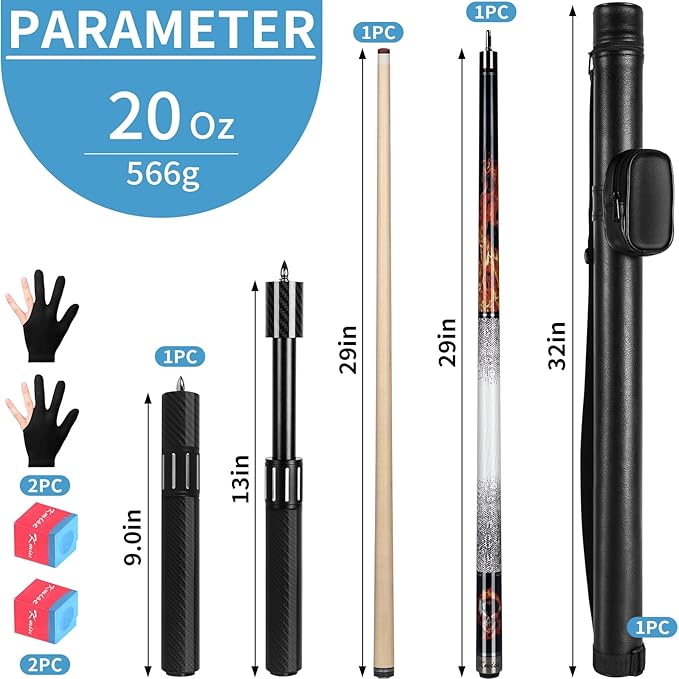 Kmise Professional Pool Cue Stick - 19 20 21oz Canadian Maple Cue Sticks, Low Deflection Shaft with Telescopic Carbon Fiber Extension, Pool Sticks for Aults, Billiard Cue Sticks with Leather Cue Case