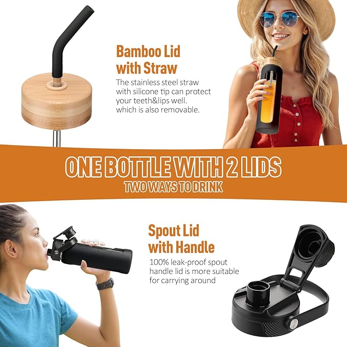 Kodrine Water Bottle with Straw, 24 oz Glass water Bottle with 2 Lids Bamboo Straw Lid and Spout Lid with Handle, 32 oz Clear Water Bottle Glass for Sports Travel, Waterbottle with Time Marker